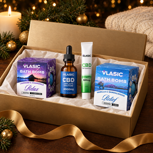 Relief & Relaxation Gift Set in a gold gift box with gold ribbon