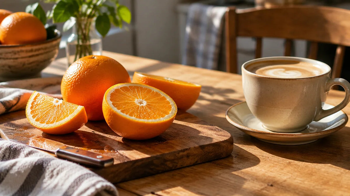 Fresh orange, first coffee.
