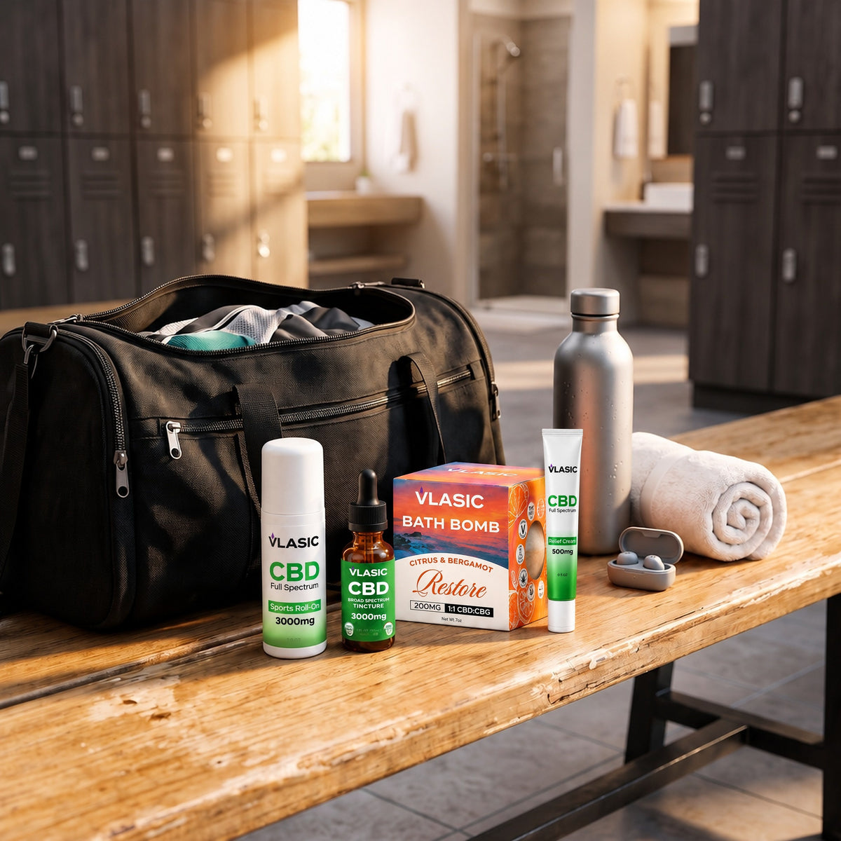 Ultimate Athlete Recovery Gift Set on a locker room bench